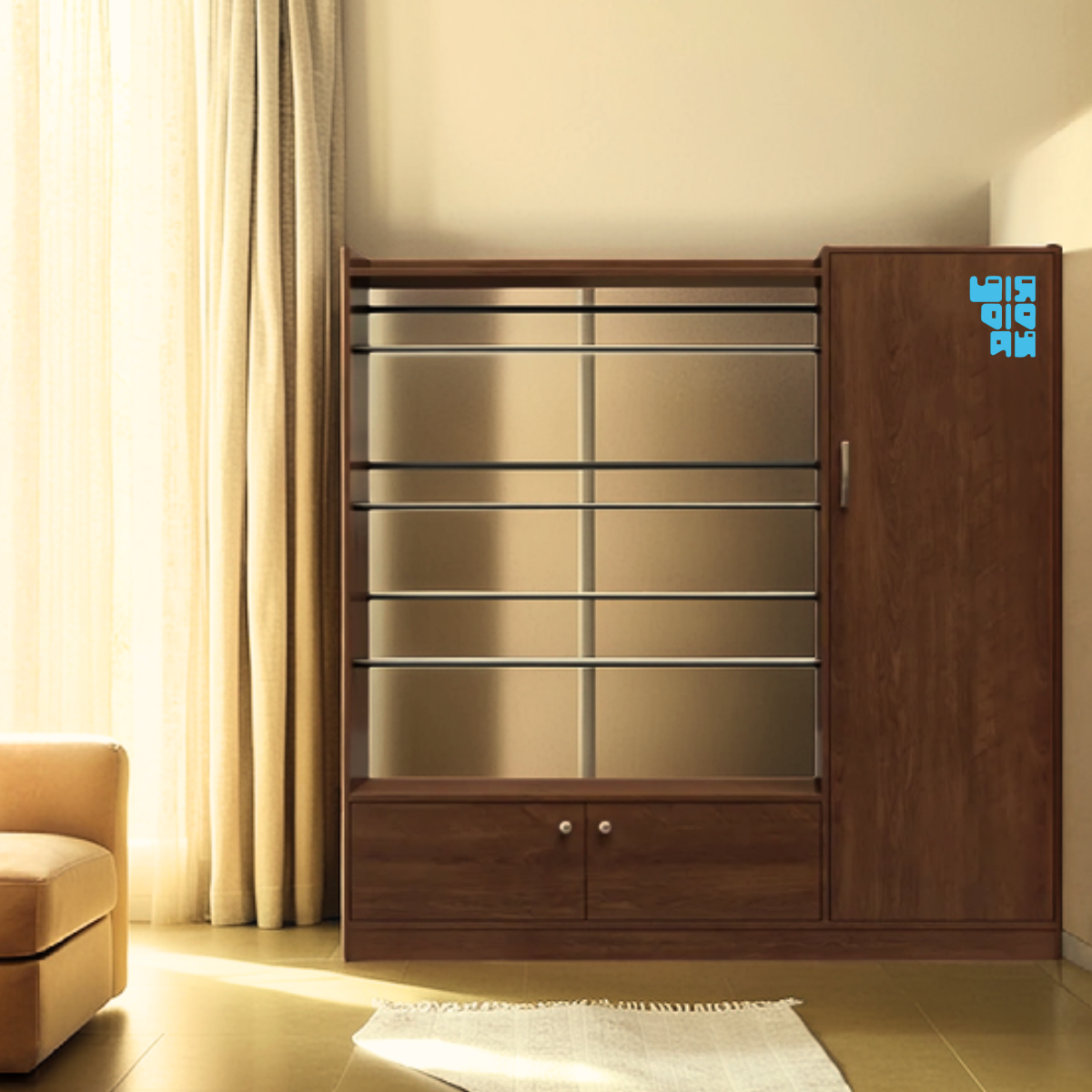 Untitled design (6) 2 in 1 Strong Structure Alana with Clothes Stoarge open Space with 1 Lock Door Clothes Storage 3 Shelf Cabinet Almira, Regal Color Alna, Modern Home Use Clothes Hanging Alana 1 Door Clothes Cabinet, 48/48 AL004 - Image 1